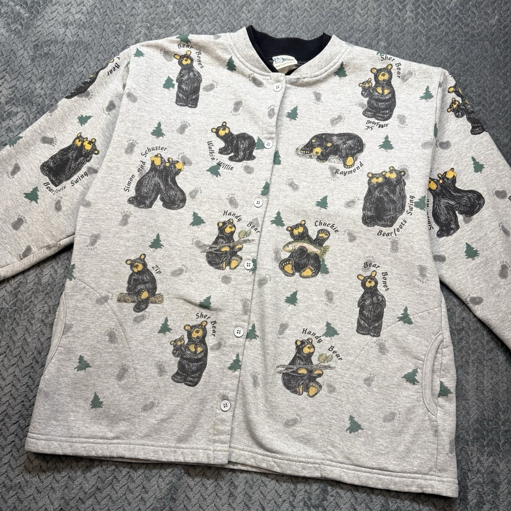Vintage Artisans Sunschein Gray Fleece Sweatshirt Buttons Bear Unisex Large USA‎